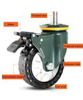 Set Of Four Industrial Swivel Casters With Secure Locking Brake And Straight Up Tough Pu Wheels Plus M20 Threaded Stem close-up view