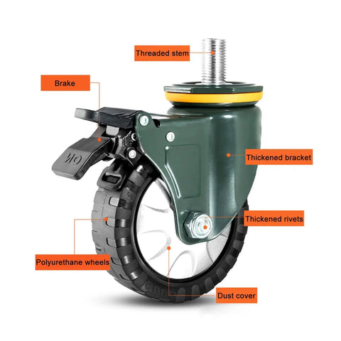 Set Of Four Industrial Swivel Casters With Secure Locking Brake And Straight Up Tough Pu Wheels Plus M20 Threaded Stem close-up view