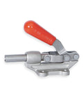 Industrial Strength Stainless Steel Straight Line Plunger Clamp with ergonomic red handle for secure workbench setup.
