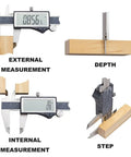 IP54 Digital Caliper 0 To 6 Inches 150mm Stainless Steel With Large LCD Screen And Inch Metric Fractions Conversion Pro Grade Precision For DIY Pros And Everyday Projects showing external, internal, depth and step measurements on wood