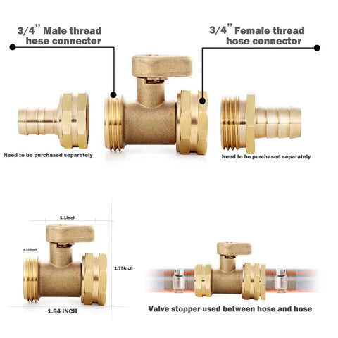 Diagram of Heavy Duty Brass Garden Hose Shut Off Valve With Three Quarter Inch Male And Female Connectors showing dimensions and connections