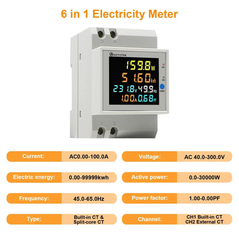 Dual Channel Single Phase Energy Meter On DIN Rail With LCD Display No Fuss Setup, Split Core CT, 100A, kWh Readout, Tracks Main And Sub Circuits, 6 In 1 Power Meter For Home, Office And Industrial Load Monitoring, white plastic
