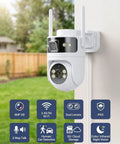 Solid Build 2K Dual Lens Outdoor Security Camera With Pan Tilt Control And Around The Clock Wireless Monitoring For Hella Secure Home Perimeter Coverage And Zero Hassle Setup mounted on wall with clear view of backyard.
