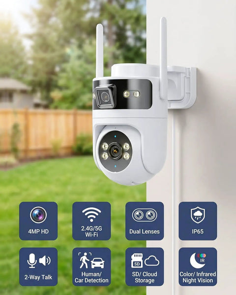 Solid Build 2K Dual Lens Outdoor Security Camera With Pan Tilt Control And Around The Clock Wireless Monitoring For Hella Secure Home Perimeter Coverage And Zero Hassle Setup mounted on wall with clear view of backyard.