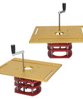 Kickass Router Lift Base For Woodworking Tables Featuring A Smooth Crank Handle For Exact Height Tuning Solid Aluminum Build, red and gold finish.