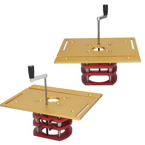 Pro Level Manual Lifting Router System With Heavy Duty Stainless Steel Base Plate for Smooth Woodworking Table Setup displayed angled.