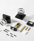 Keyless Privacy Glass Door Knob In Sleek Matte Black With Vintage Crystal Finish For Bedroom And Bathroom Doors Interior Door Knobs With Push Button Lock Heavy Duty Yet Elegant Glass Hardware displayed with installation accessories