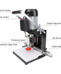 No Sweat Hinge Boring Drill For Slick Cabinet Door Woodworking With 2880 Rpm Motor and Adjustable Zero To Forty Millimeter Depth Setup, showing depth adjusting nut and pressing handle.