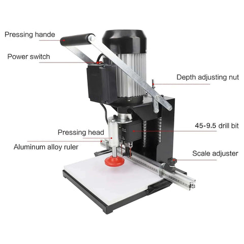 No Sweat Hinge Boring Drill For Slick Cabinet Door Woodworking With 2880 Rpm Motor and Adjustable Zero To Forty Millimeter Depth Setup, showing depth adjusting nut and pressing handle.