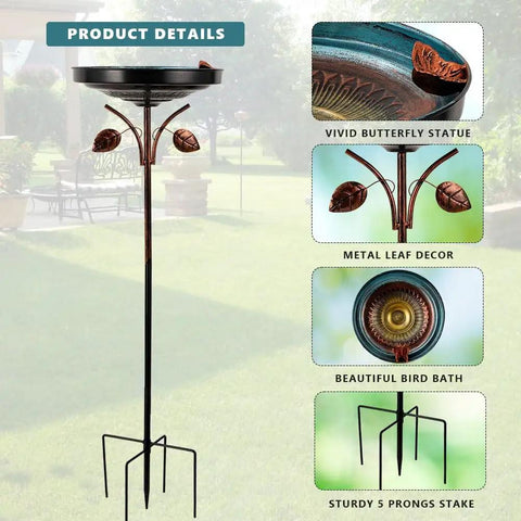 38 Inch Vintage Bird Bath With Five Prong Stake For Outdoor Gardens showcasing metal yard decor, butterfly edge, and prong stake.