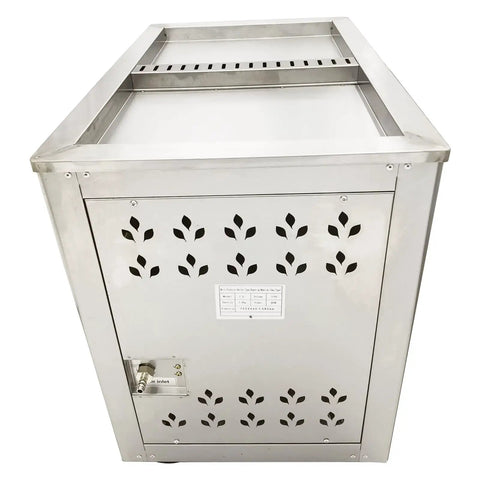 Heavy Duty Full Automatic Gas Coffee Roaster With Big 16.5 Lb Batch Rock Solid Food Grade Stainless Build side view of the stainless steel body