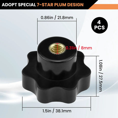 4 pcs black knurled 7-star knob with M8 internal thread and brass insert