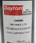 Built To Last Motor Start Capacitor 161 To 193 MFD 110V Round Molded Case Nonpolarized Electrolytic For Single Phase AC Motors That Resists Oil Dirt Moisture And Grease And Ready For Quick Starts And Easy Repairs, round Dayton label