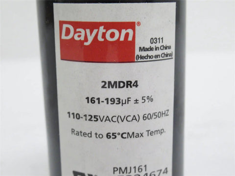 Built To Last Motor Start Capacitor 161 To 193 MFD 110V Round Molded Case Nonpolarized Electrolytic For Single Phase AC Motors That Resists Oil Dirt Moisture And Grease And Ready For Quick Starts And Easy Repairs, round Dayton label