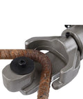 Lightning Fast Portable Electric Rebar Cutter For Steel Bars And Threaded Pipe cutting through a steel rebar with a heavy duty blade.