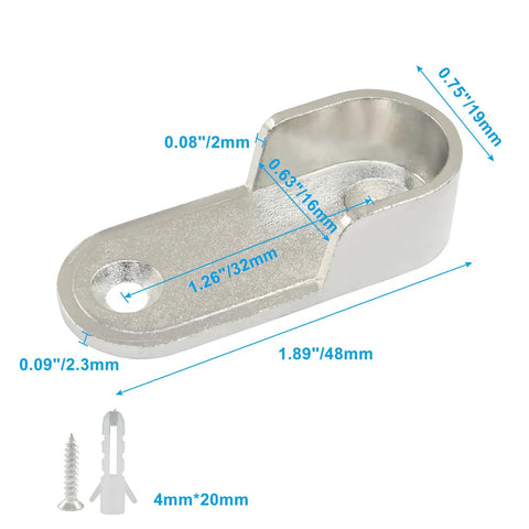 Two Pack Oval Closet Rod End Supports Flanges In Zinc Alloy Nickel Plated Finish, Rust Resistant Pole Brackets For 15mm x 30mm Oval Rods, Includes 4mm x 20mm Screws And Wall Anchors For Easy Install. Dimensioned single bracket with screw and anchor