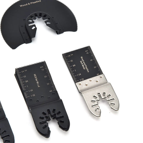 Versatile Oscillating Saw Blade Kit With Pro Grade High Carbon Steel Blades seen from top, including straight and shovel blades.