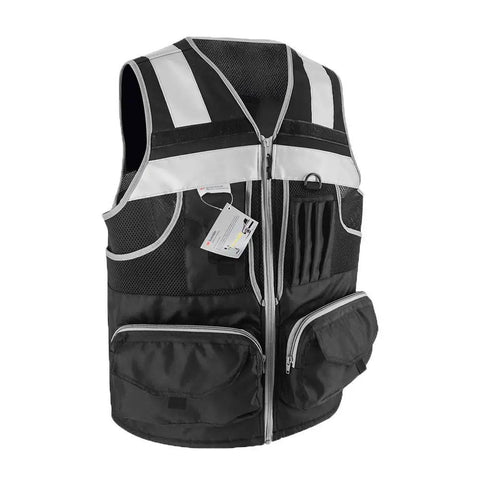 Hi Vis Reflective Safety Vest With 3M Strips, Black Knitted Vest, 10 Pockets, Job Site Ready Workwear For Men And Women, Extra Large