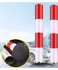 Gotta Have These Rock Solid Steel Traffic Cones And Parking Bollards, High Visibility Reflective Road Barrier Posts For Driveway Protection, Easy Setup 24 Inch Safety Markers Built Tough, showcasing red and white bollards with bolt holes.