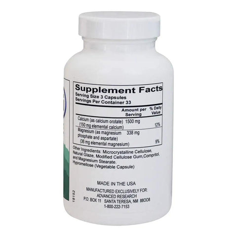 Back view of bottle labeled Calcium Orotate Capsules Dietary Supplement For Bone Health Made In The USA 100 Count For Everyday Support