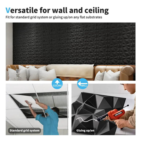 Diamond Pattern 3D Wall Panels Matte Black 12x12 Inch PVC Tiles 33 Pack Easy DIY Install Fire Resistant Covers 32 Sq Ft Slick Modern Accent Wall for Living Room Bedroom Kitchen Home and Office Decor