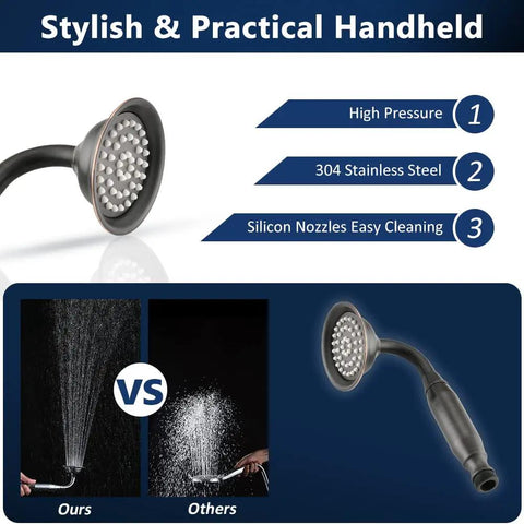 All Metal 12 Inch Rainfall Shower Head With Handheld, Oil Rubbed Bronze, showing high pressure and easy cleaning features.