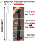 Heavy Duty Black Iron Stair Spindles Adjustable Metal Railing Posts With Flat Base Brackets Max Load 200KG displayed with dimensions.