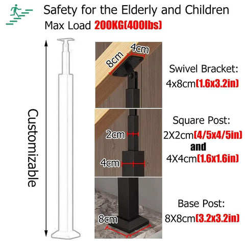 Rock Solid Iron Black Stair Spindles With Flexible Angle Railing Posts And Heavy Duty Base Brackets Quick Click Setup Fence Kit dimensions and details.