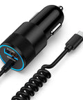Car Charger Adapter With PD 30W USB C And 18W USB A Dual Fast Charge 2.8Ft Coiled Cable For iPhone 16e 17e visible on white background