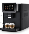 Super Fully Automatic Bean To Cup Espresso Coffee Machine With 7 Inch HD Touchscreen brewing two lattes with creamy foam.