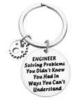 Engineer Keychain Gift For Engineers And Engineering Students Funny Yet Practical Solves Problems You Didnt Know You Had In Ways You Cant Understand Mechanical Architect Construction Pro Gift For The Gearhead In Your Life; silver circle pendant with engraved text and gear charm