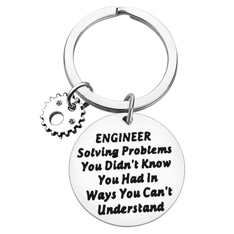 Engineer Keychain Gift For Engineers And Engineering Students Funny Yet Practical Solves Problems You Didnt Know You Had In Ways You Cant Understand Mechanical Architect Construction Pro Gift For The Gearhead In Your Life; silver circle pendant with engraved text and gear charm