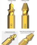 Close-up view of Six Piece Screw Extractor Kit For Damaged And Stripped Screws Removal, Titanium Coated HSS 4341 High Speed Steel.