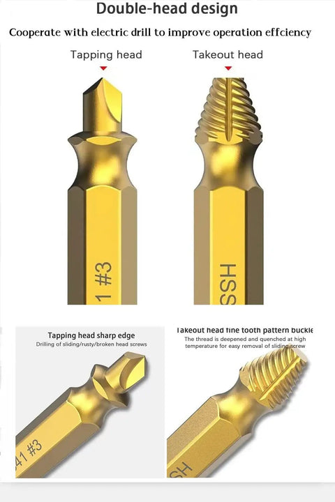 Close-up view of Six Piece Screw Extractor Kit For Damaged And Stripped Screws Removal, Titanium Coated HSS 4341 High Speed Steel.