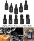 10 Piece Bolt Extractor Kit Set For Damaged Fasteners shown in various angles with hex shank drill bits for auto repair