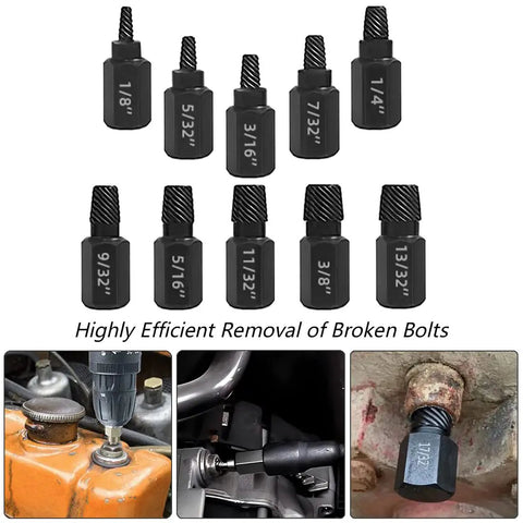 10 Piece Bolt Extractor Kit Set For Damaged Fasteners shown in various angles with hex shank drill bits for auto repair