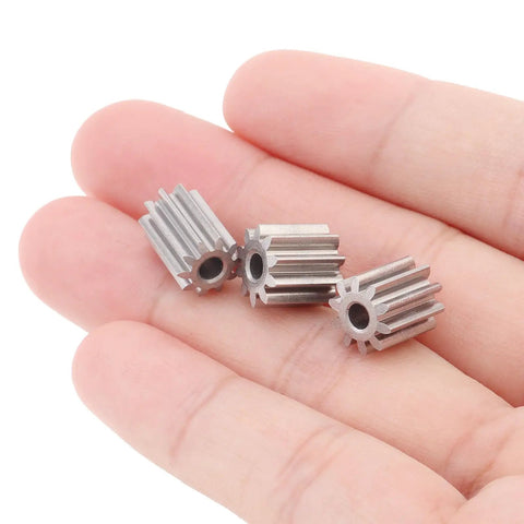High Speed 24V DC Ride On Car Motor Upgrade With 18000 RPM Replacement Drive Motor For Kids Ride On Cars Includes Three 10 Tooth Gear Sets And Wiring For Easy Install, three silver 10-tooth gears on a hand for size reference