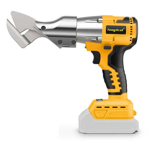 Cordless Metal Shears for 20V Max 14GA Cutter That Eats Sheet Metal Leather and Carpet, side view, yellow and silver design