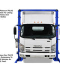 Boss Shop Two Post Auto Lift With 15000 Pound Capacity Ali Certified Symmetric Arms and Beefy Power Pack For Full Size Trucks and Weekend Rides Built Like A Tank lifting an Isuzu truck with blue posts.