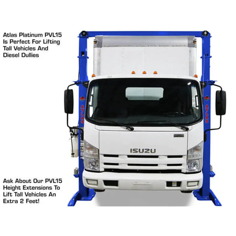 Boss Shop Two Post Auto Lift With 15000 Pound Capacity Ali Certified Symmetric Arms and Beefy Power Pack For Full Size Trucks and Weekend Rides Built Like A Tank lifting an Isuzu truck with blue posts.