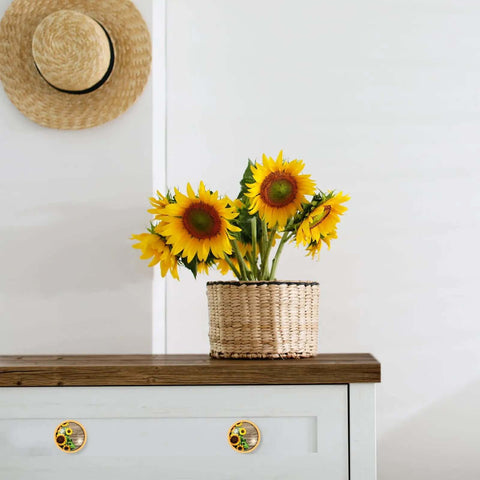 Hella Awesome Sunflower Drawer Knobs And Cabinet Pulls Set Of Twelve Vintage Rustic Home Fixture Top Shelf Quality For A Chill Bedroom Or Kitchen Vibe Easy DIY Refresh With Premium Mounting Screws, with sunflowers in a basket on a white drawer.