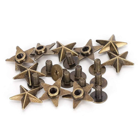 Star-shaped bronze studs with threaded posts and washers; 50-piece Chicago screw rivet set for DIY clothing.