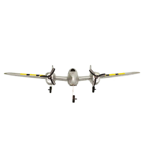 Front view of Beginner Friendly P38 RC Plane With 2.4GHz 2CH RTF Remote, Lightweight EPP Foam Warbird, Night Lighting, Easy Launch.