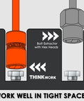 Bolt Extractor Kit For Damaged Fasteners, 32 Piece Nut And Bolt Remover Set in use with THINKWORK logo, tight spaces