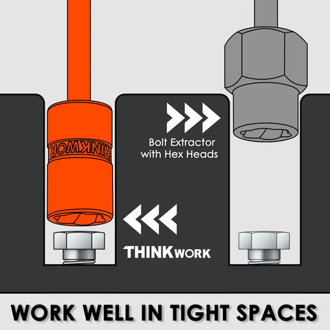 Illustration showing bolt extractor with hex heads in tight spaces, highlighting Bolt Extractor Kit with 20 Pieces for Removing Damaged Stripped Frozen Rusted and Rounded Off Bolts Nuts and Screws, Slim Design Reaches Tight Spaces for Quick, Reliable Extraction.