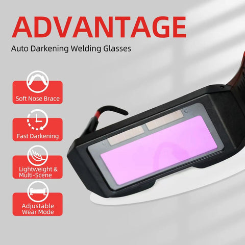 Auto Darkening Welding Glasses With 2 Sensors For TIG MIG MMA Plasma Lightweight 60 Grams, showing lens and features.