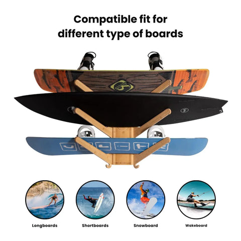 The Sun Rack Premium Bamboo Wall Mount For Surfboards Snowboards Skis And Wakeboards Holds Four Boards With Built In Drawer And Hooks