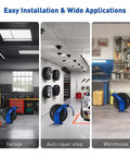 Heavy Duty Auto Retractable Air Hose Reel 3/8X75Ft Hybrid Build With 300Psi Max Pressure in garage and workshop settings.