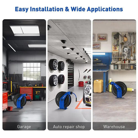 Heavy Duty Auto Retractable Air Hose Reel 3/8X75Ft Hybrid Build With 300Psi Max Pressure in garage and workshop settings.