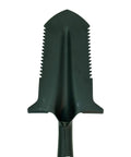 Close-up of Heavy Duty 29 Inch Double Serrated Shovel With 4x8 Blade Beefy Yet Light At Under 3 Pounds Solid Center Spine